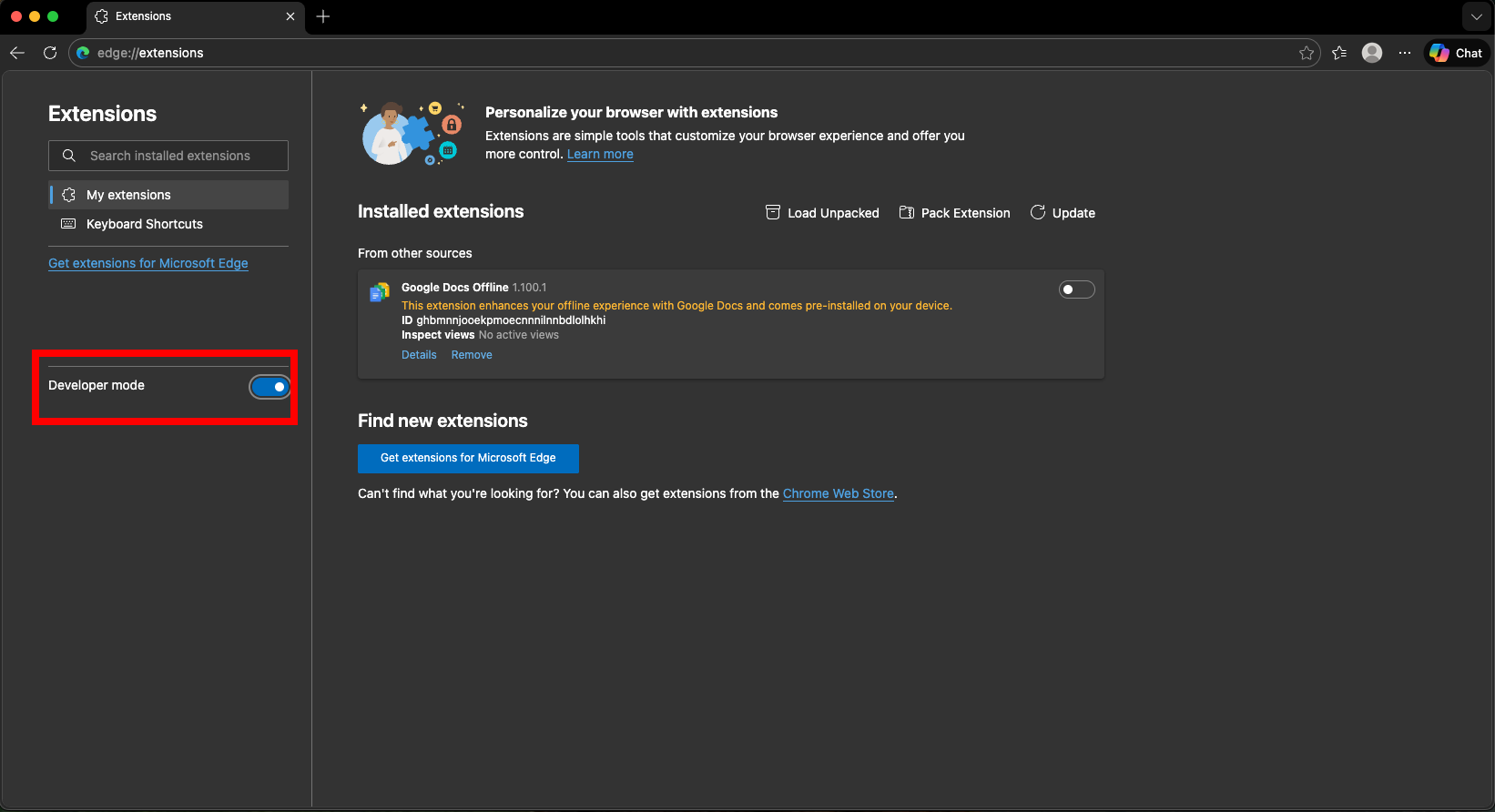 Enable Developer Mode in Edge